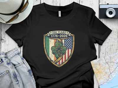 Black t-shirt with 250 Years 1776-2026 shield featuring Irish and US flags.