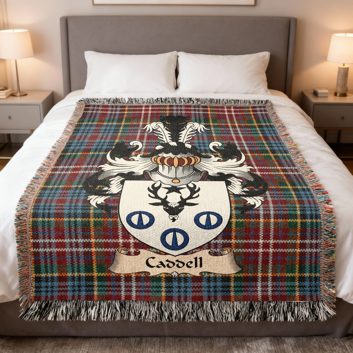 Caddell Caledonia tartan heritage woven throw blanket with family shield