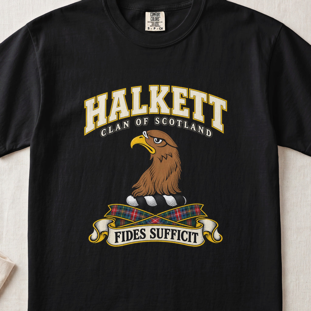 Halkett Scottish clan T-shirt in Black, front view with a brown eagle head and motto design.