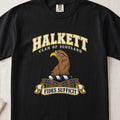 Halkett Scottish clan T-shirt in Black, front view with a brown eagle head and motto design.