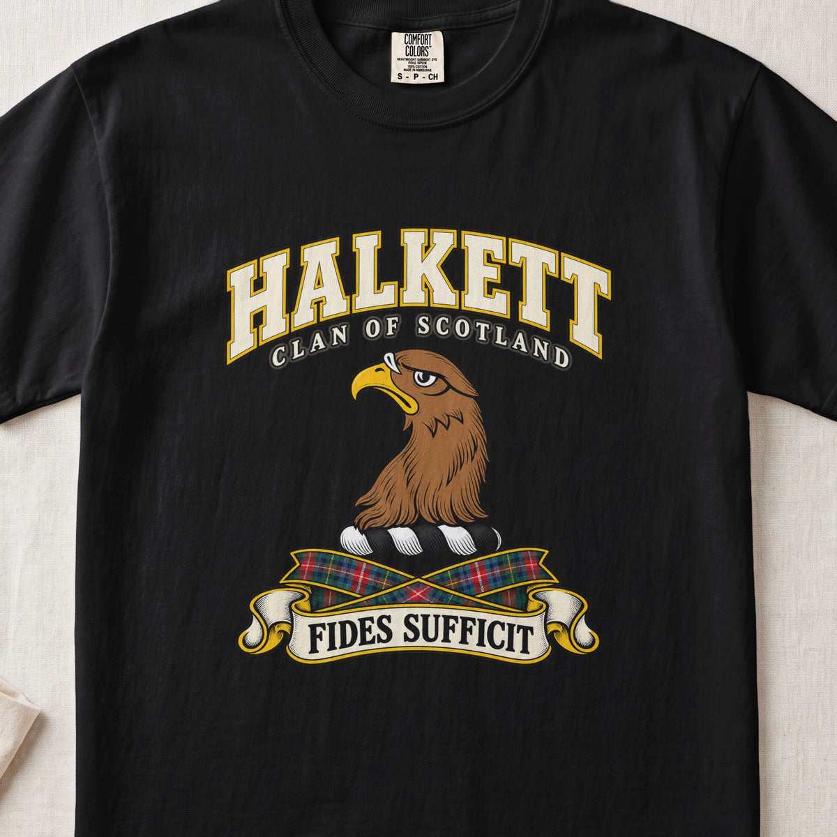 Halkett Scottish clan T-shirt in Black, front view with a brown eagle head and motto design.