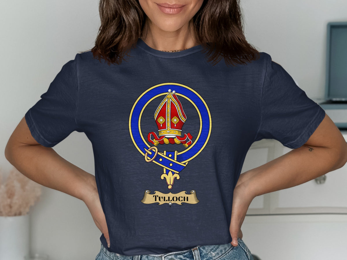 Tulloch Scottish clan crest design on Navy T-shirt
