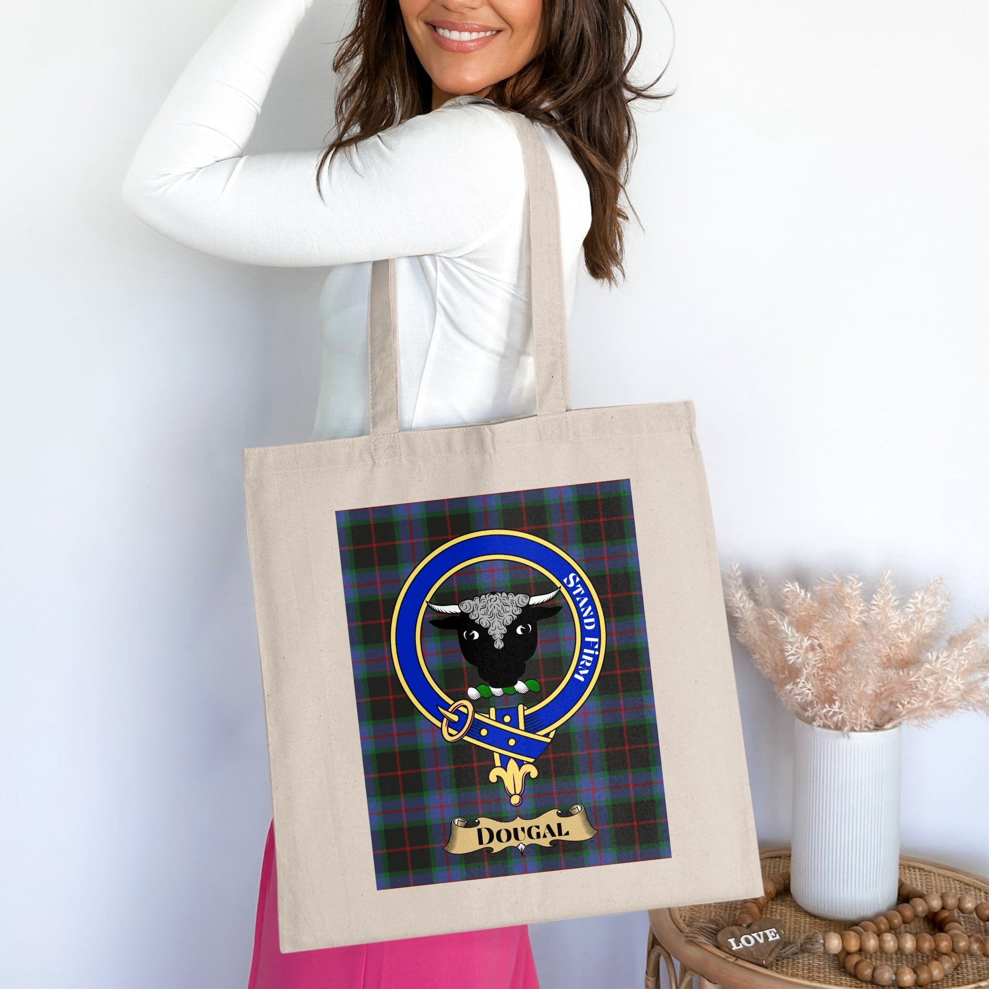 Dougal Clan Scottish Tartan Crest Stand Firm Tote Bag - Living Stone Gifts