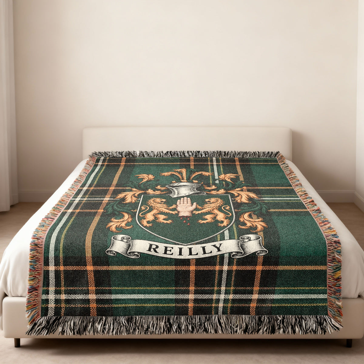 Reilly Irish National Tartan family crest woven throw displayed in a home setting