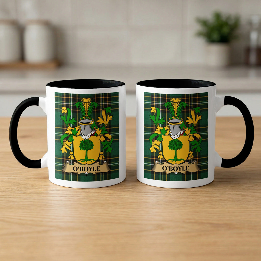 Pair of O'Boyle Irish National Tartan family crest mugs