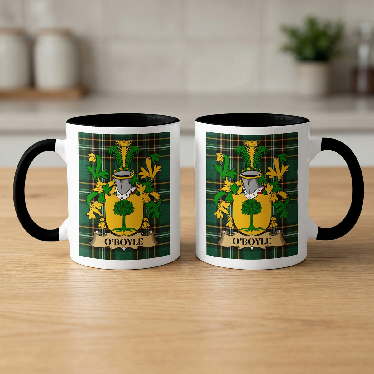 Pair of O'Boyle Irish National Tartan family crest mugs