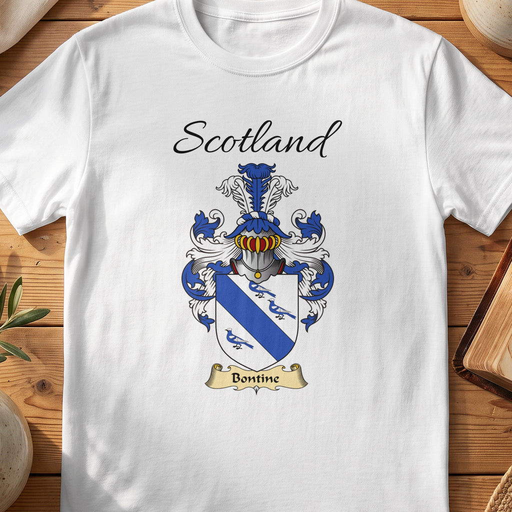 White Bontine Scottish family shield T-shirt featuring a blue diagonal band and small blue bird motifs
