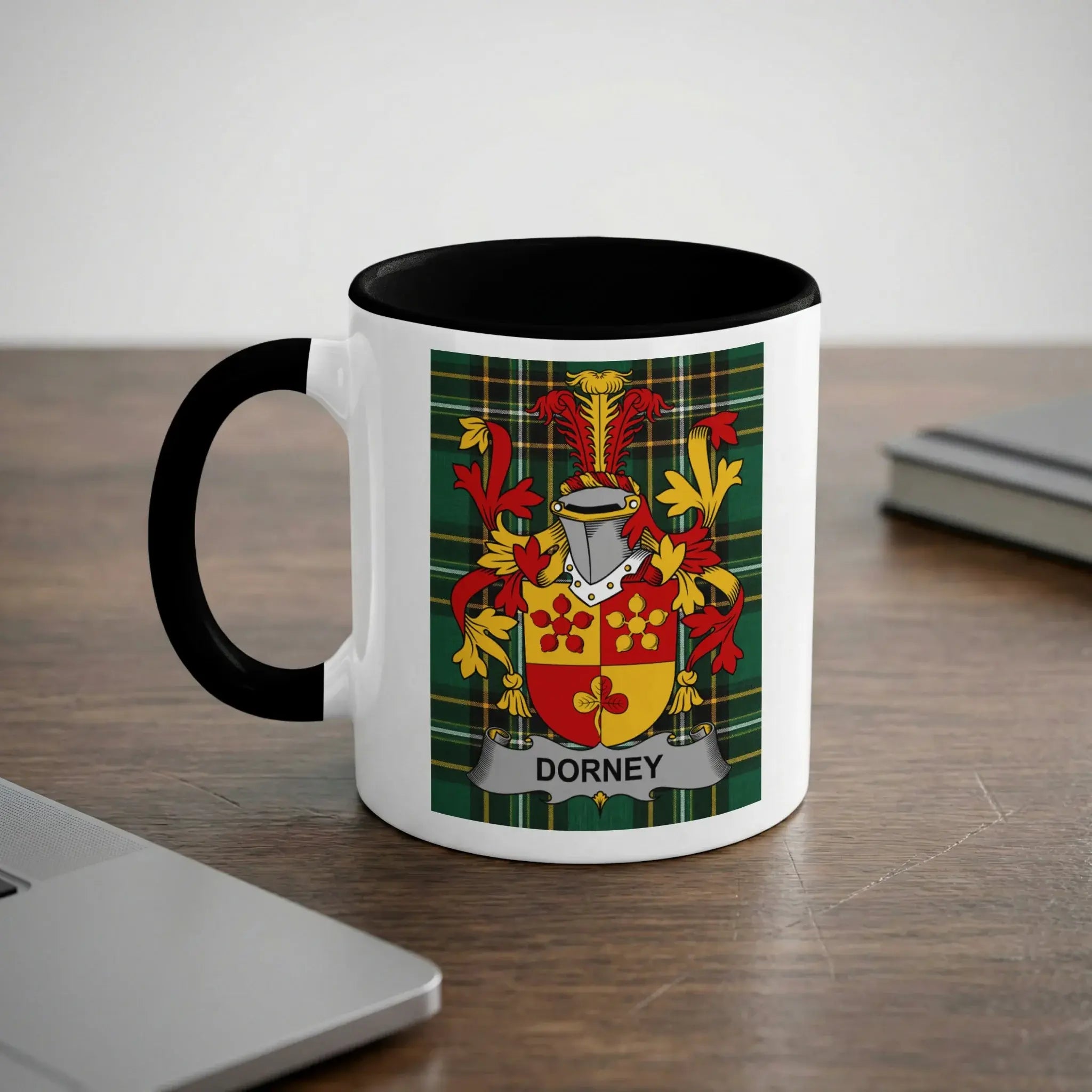 White mug with black rim featuring a coat of arms and "Dorney" text.