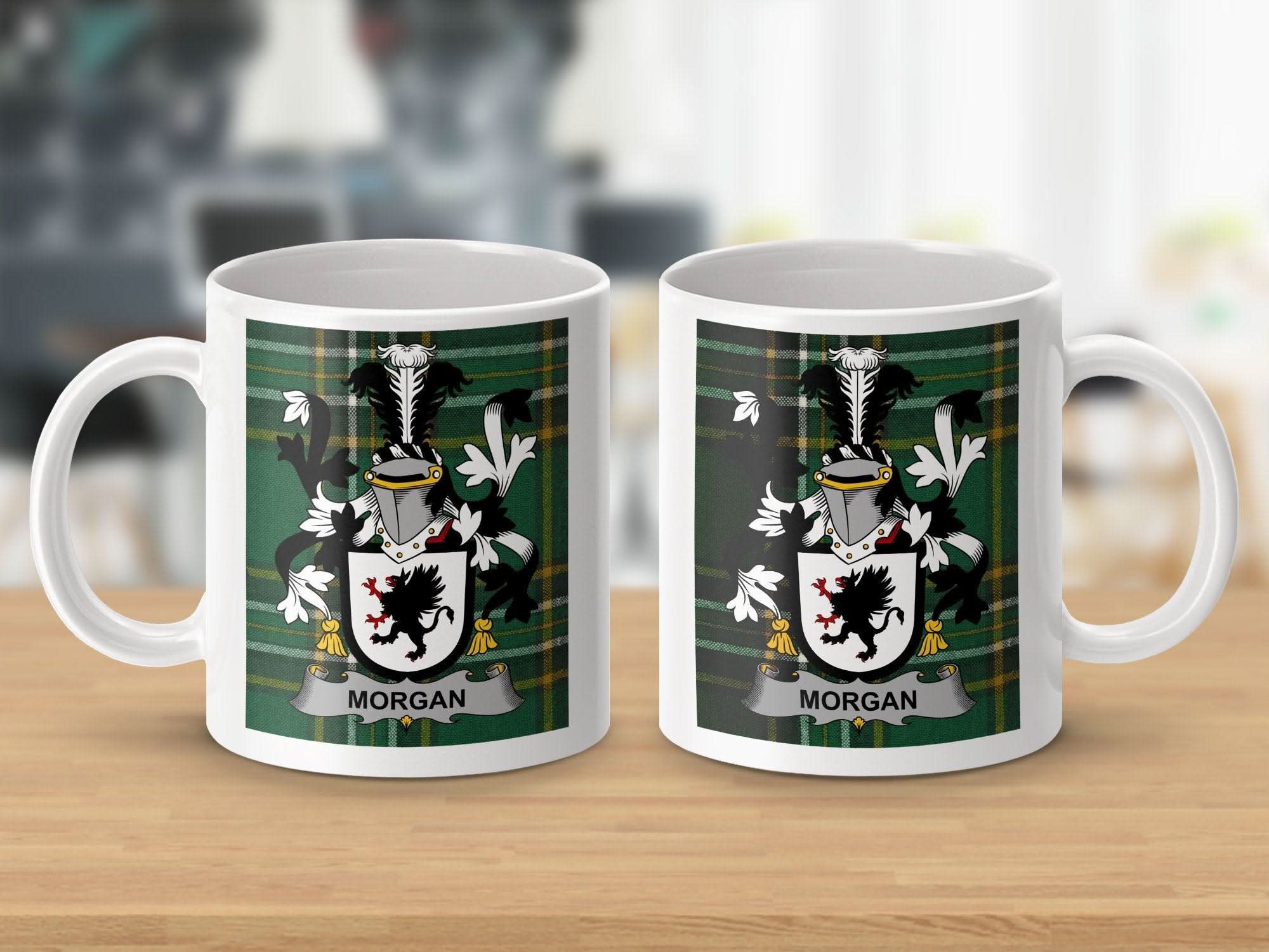 Morgan Surname Family Crest Irish Tartan Mug - Celtic Ancestry Gifts