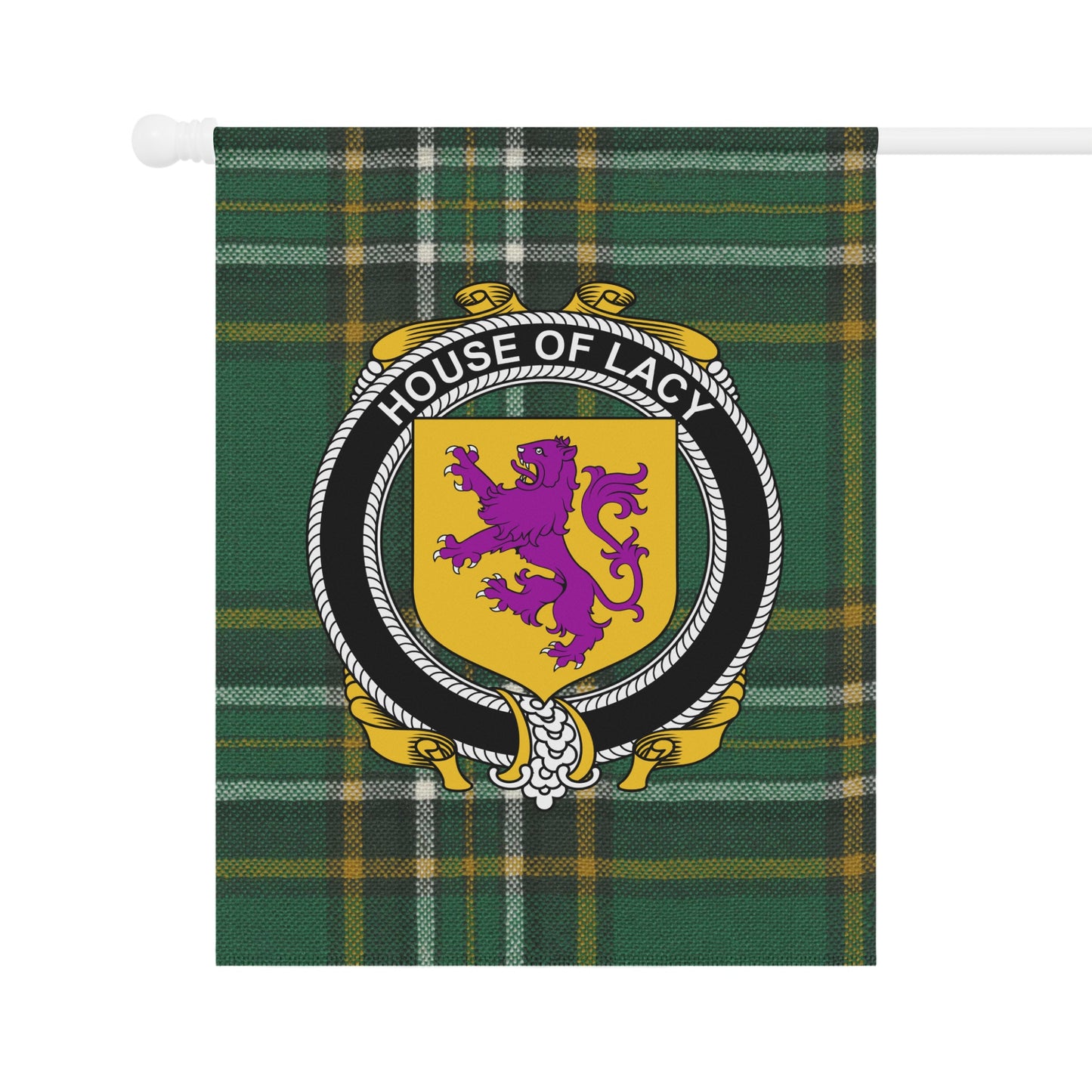 House of Lacy Family Crest Green Tartan Flag Banner