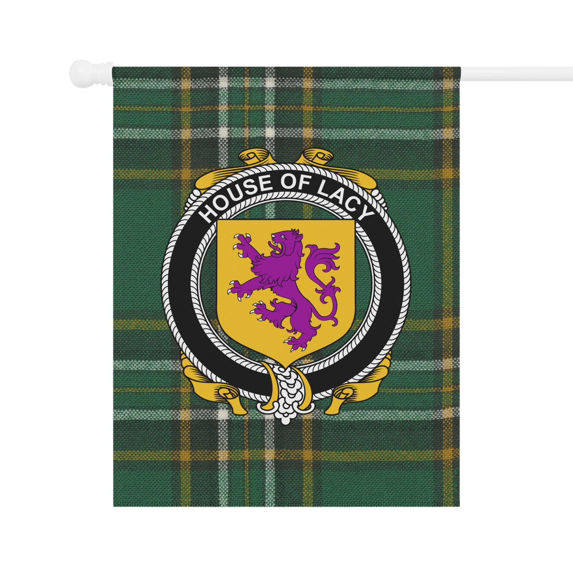 House of Lacy Family Crest Green Tartan Flag Banner