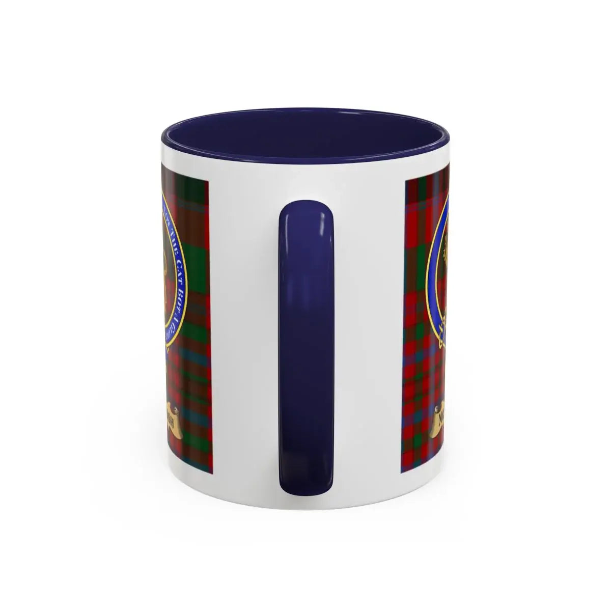 Blue Handle Mug With Tartan Print and Emblem Design