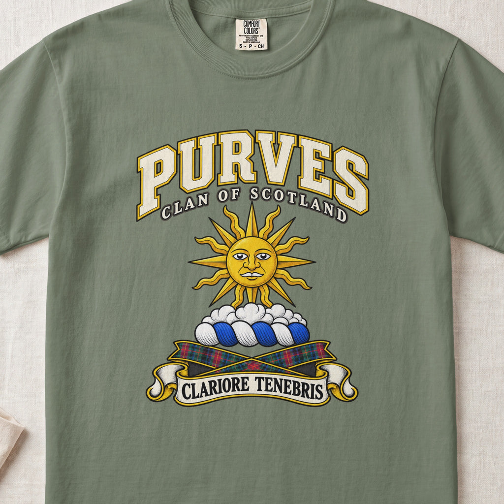 Purves Scottish clan T-shirt in Moss, front view with a golden sun above clouds and motto design.