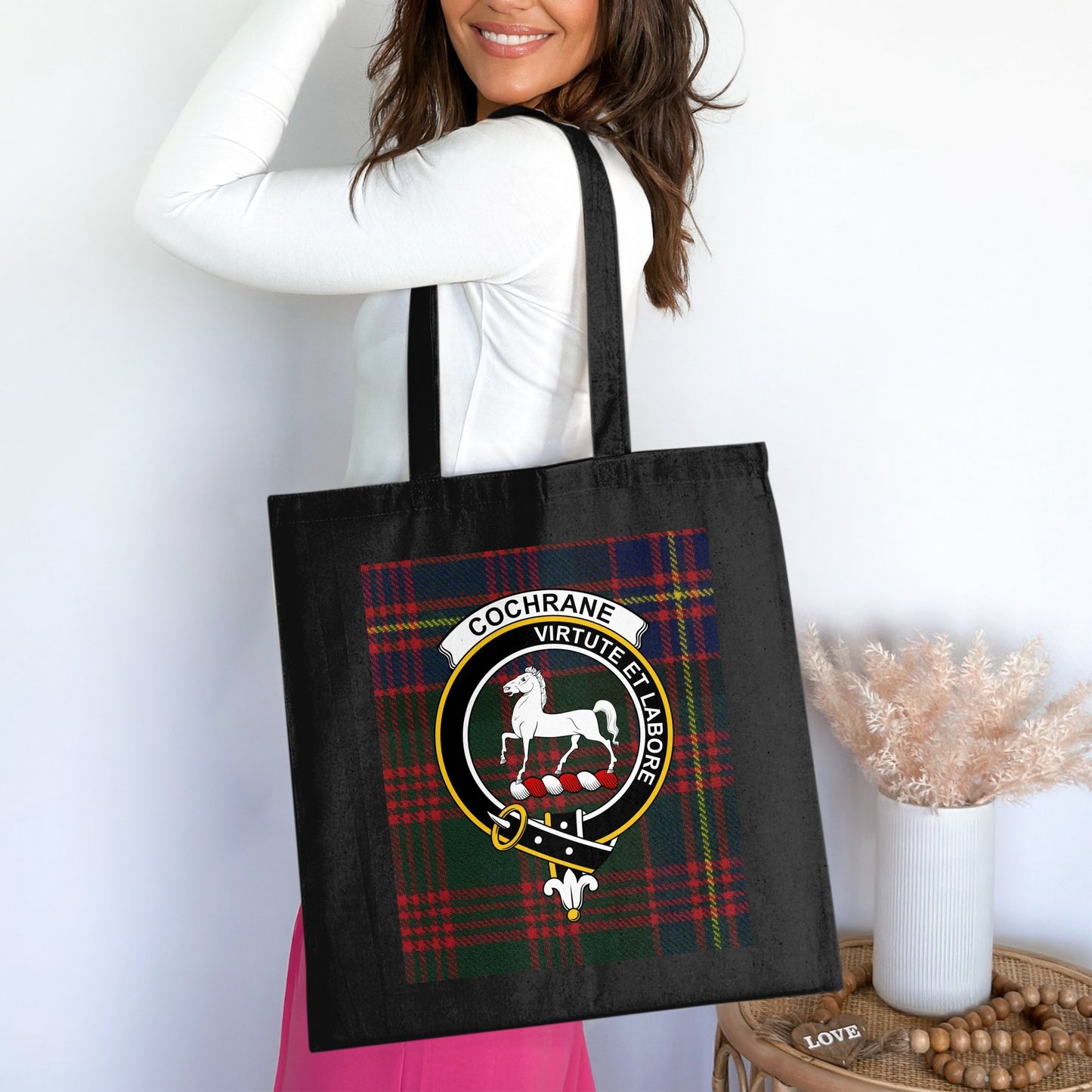 Cochrane Clan Tartan Crest Virtue et Labore Tote Bag - Living Stone Gifts