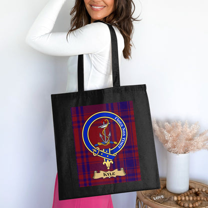 Kyle Scottish Clan Crest on Tartan Background Tote Bag - Living Stone Gifts