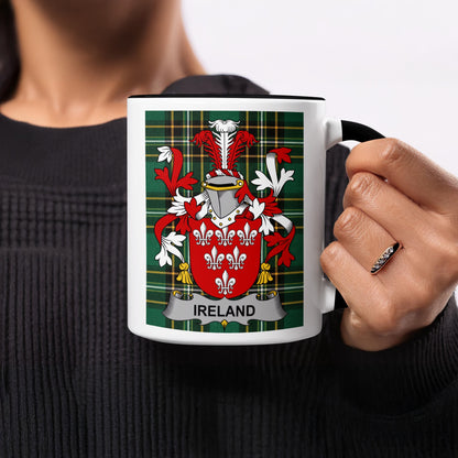Mug featuring the Ireland coat of arms on a tartan background.