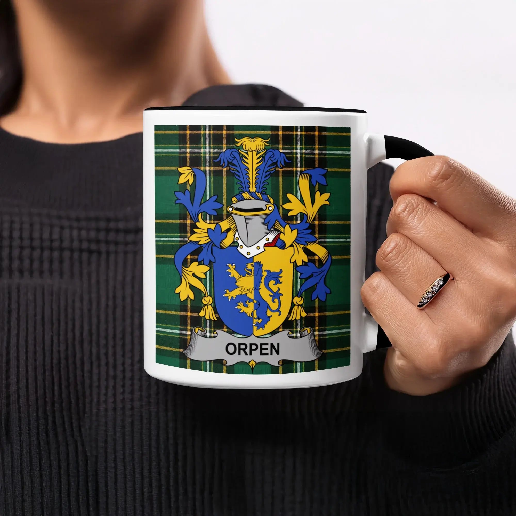 Orpen black accent mug featuring Irish National Tartan crest design