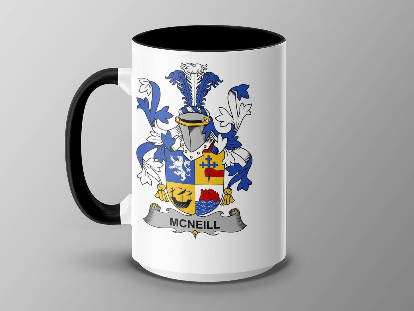 15oz / Black McNeill Family Crest Mug, Heraldry Coffee Cup, Ancestral Name Gift