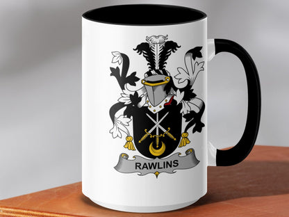 15oz / Black Rawlins Family Crest Coat of Arms Mug, Heraldic Mug, Gift for History Lovers