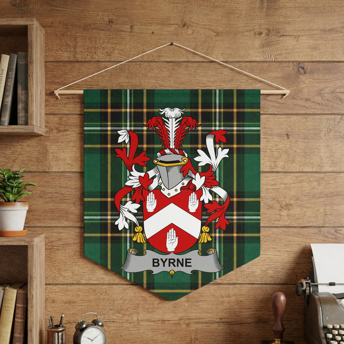 Byrne family crest on green tartan banner hanging on wooden wall