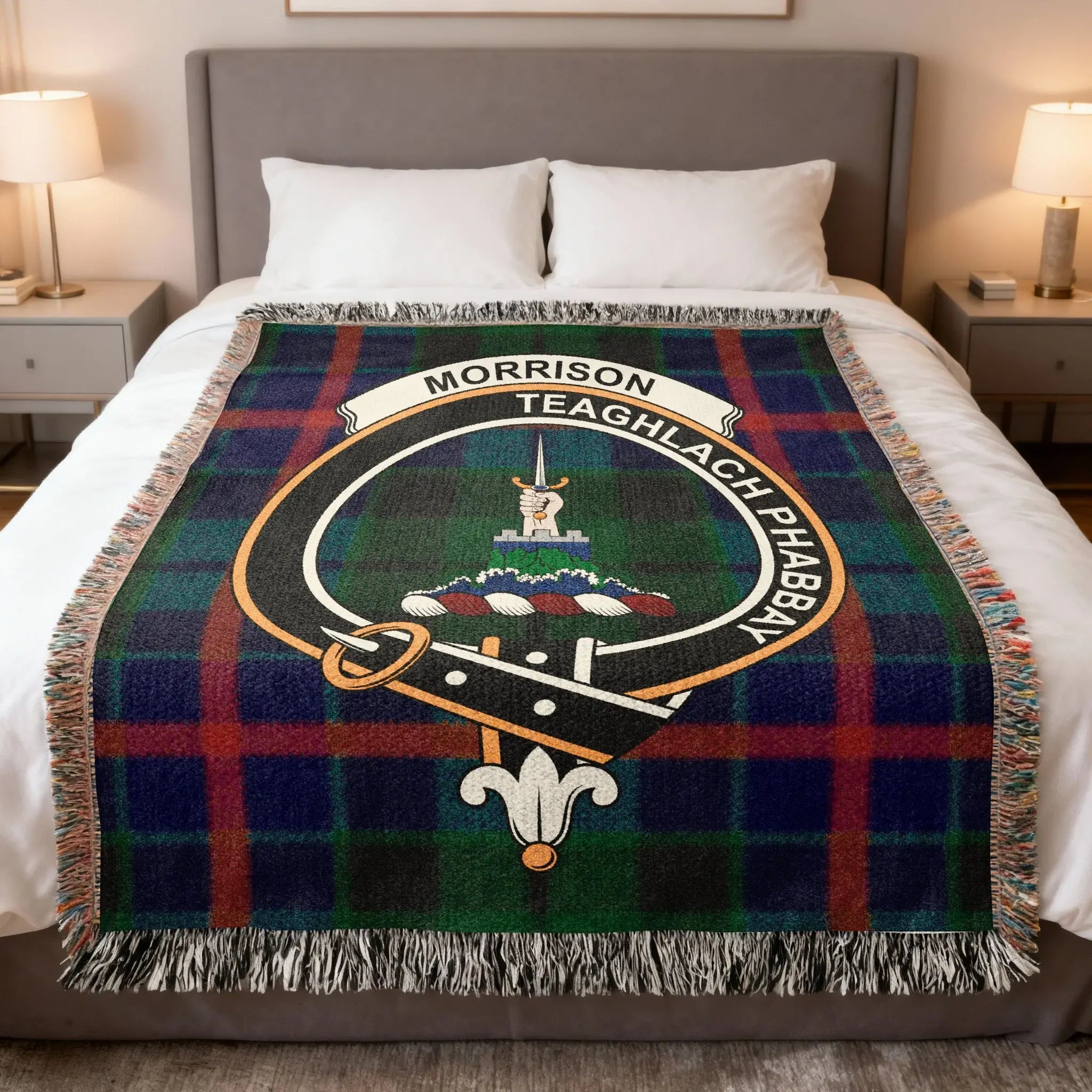 Clan Morrison Teaghlach Phabbay tartan woven blanket — clan colours in 100% cotton heirloom throw