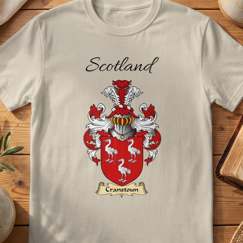 Sand Cranstoun Scottish family shield T-shirt featuring three white long-legged birds on red