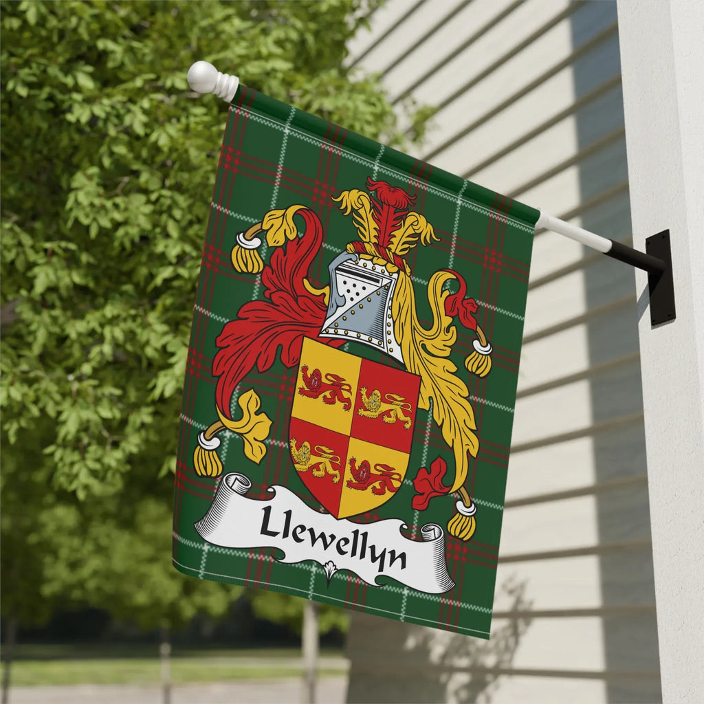 Llewellyn family crest on a green tartan flag.
