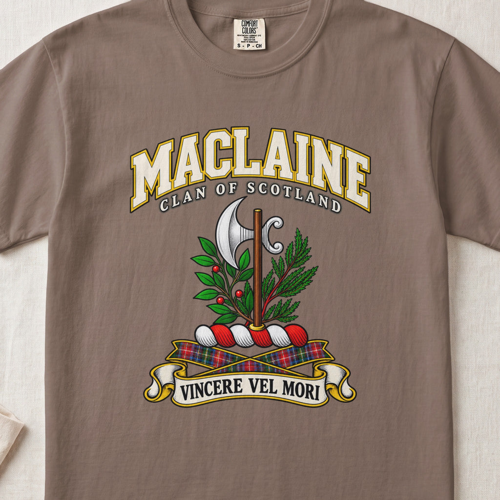 MacLaine Scottish clan T-shirt in Espresso, front view with a silver axe framed by green foliage and motto banner.