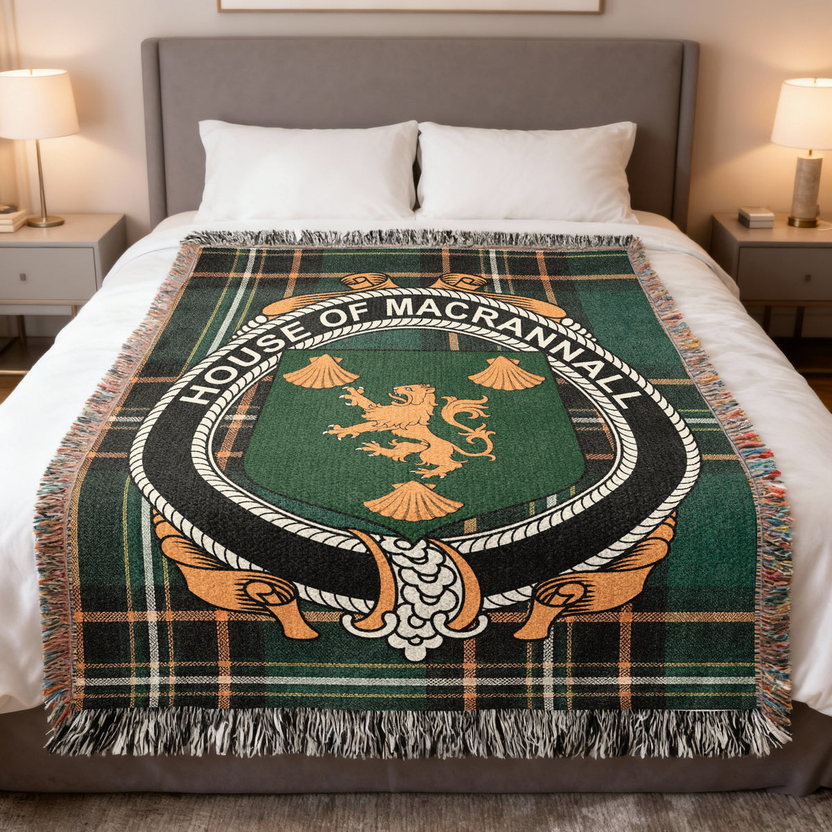 MacRannall Irish National Tartan woven blanket with family crest emblem