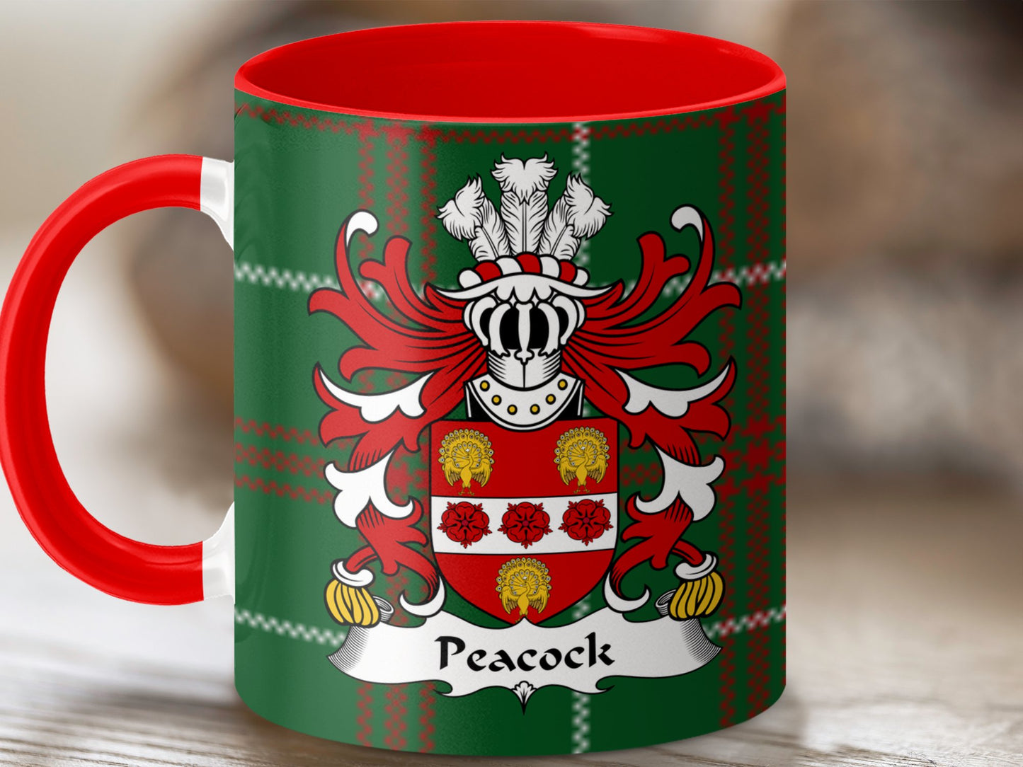 Peacock Surname Coat of Arms on Welsh Tartan Mug - Living Stone Gifts