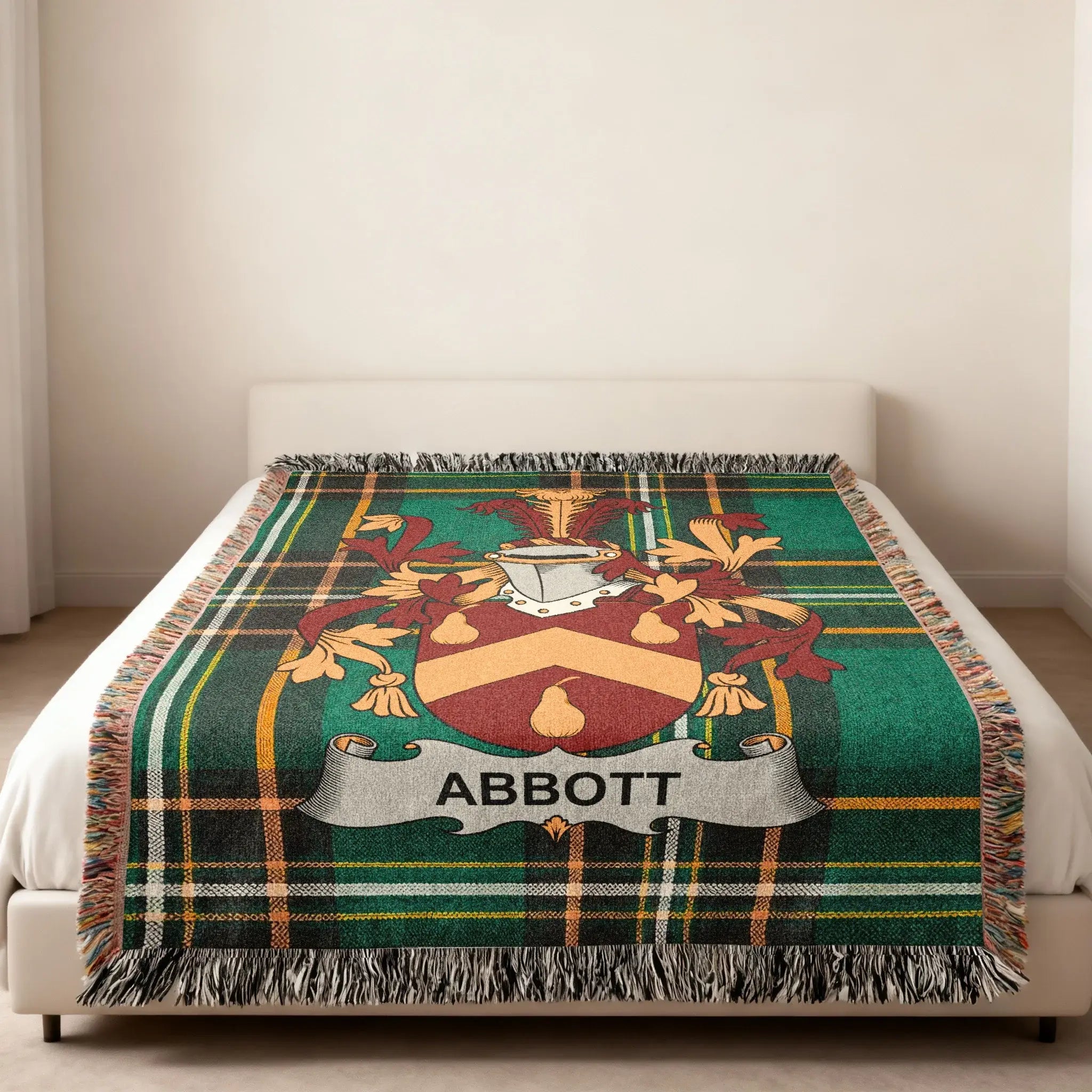Abbott Irish woven throw blanket with green tartan and traditional fringe