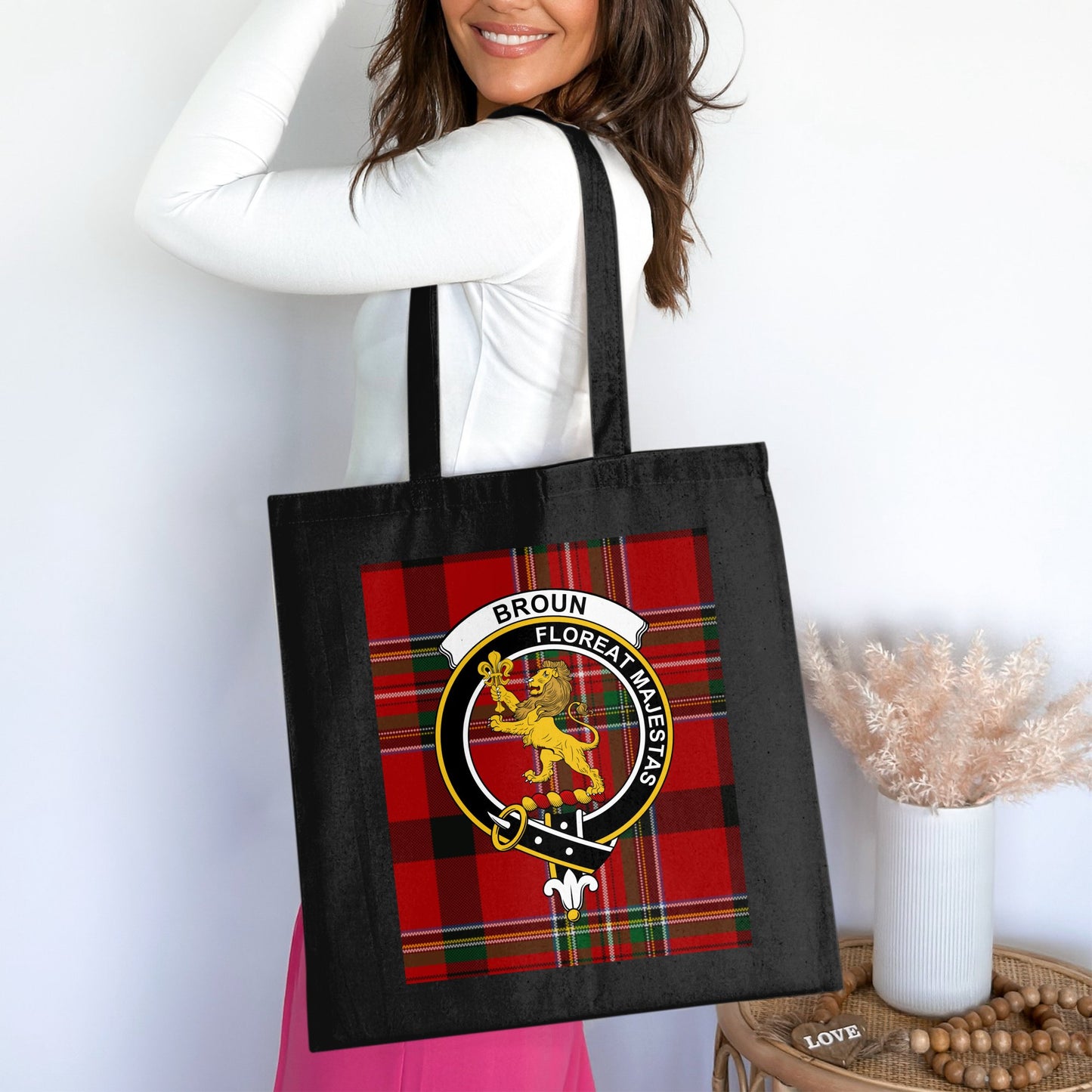 Broun Scottish Clan Crest on Tartan Background Tote Bag - Living Stone Gifts