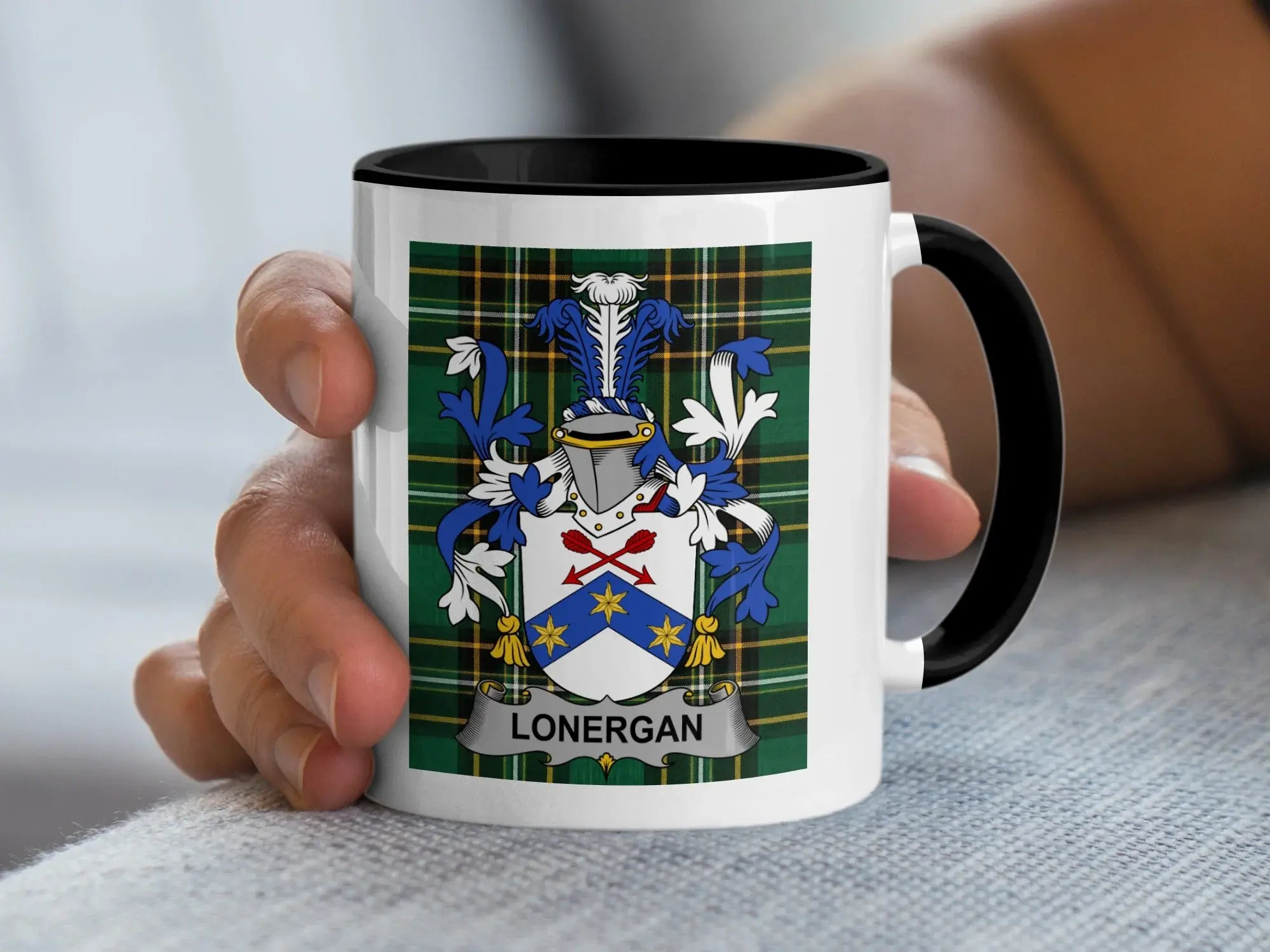Lonergan Irish family crest black accent mug
