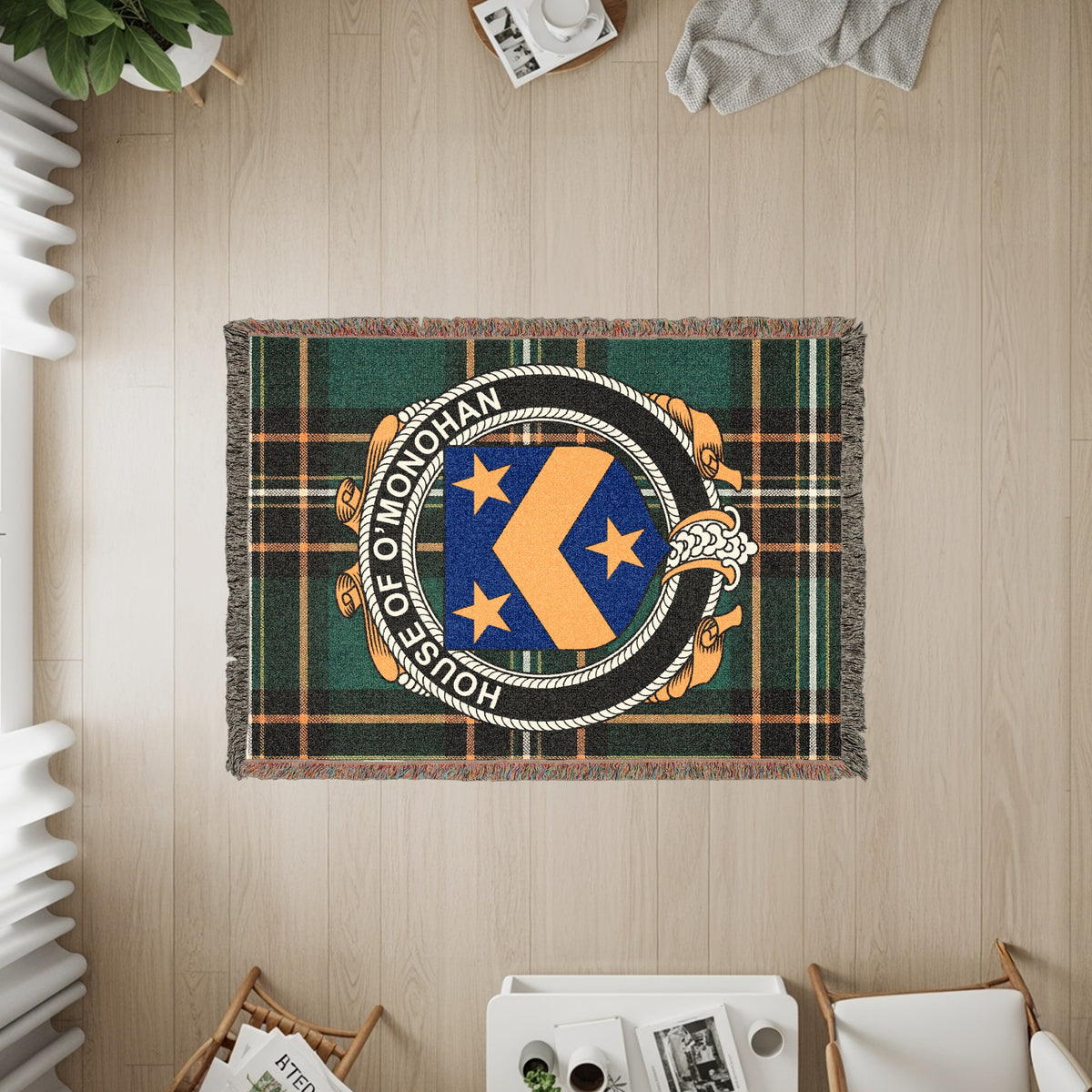 O'Monohan Irish heritage woven throw with family crest emblem