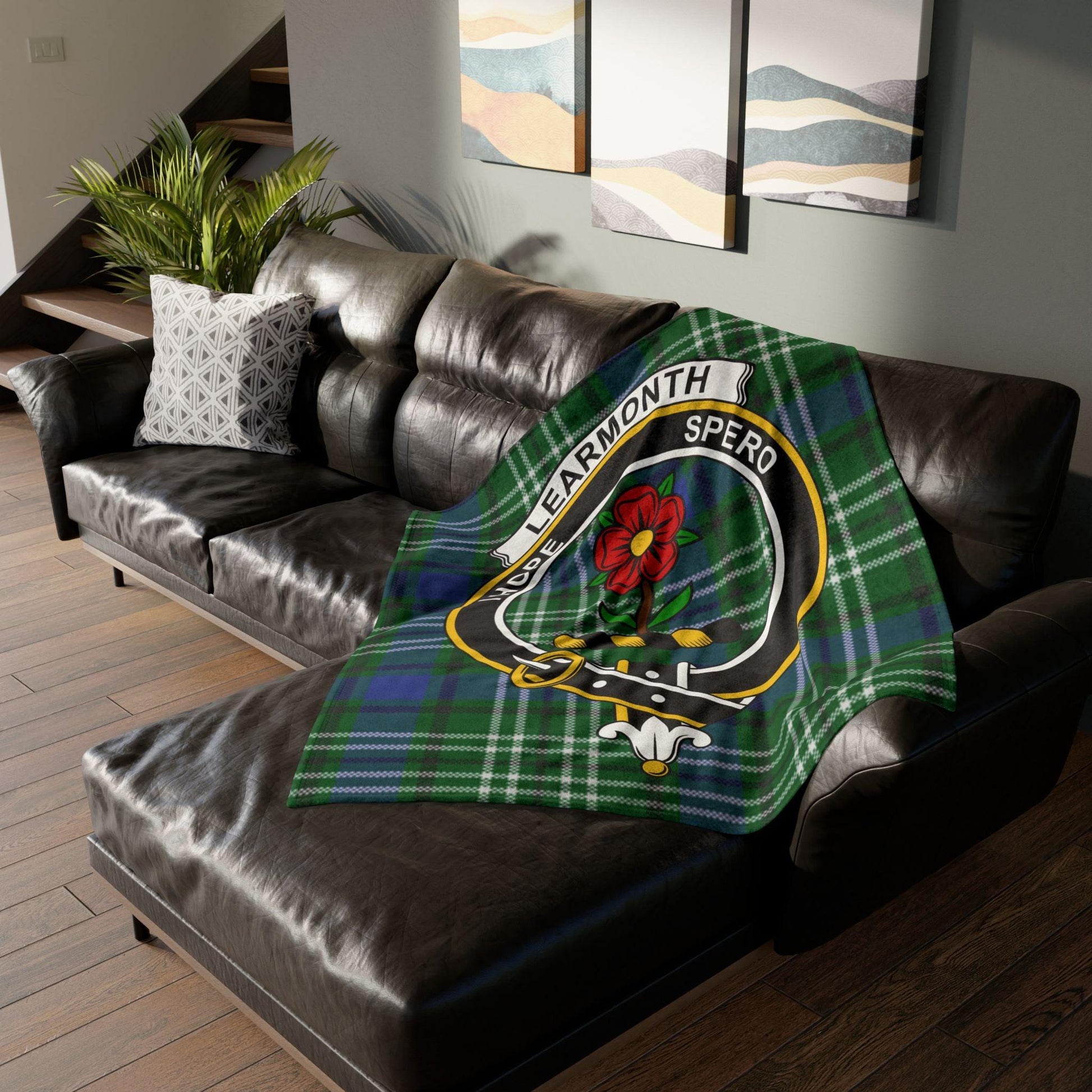 Learmonth Clan Tartan Blanket – Scottish Crest Throw, Soft & Cozy - Celtic Ancestry Gifts