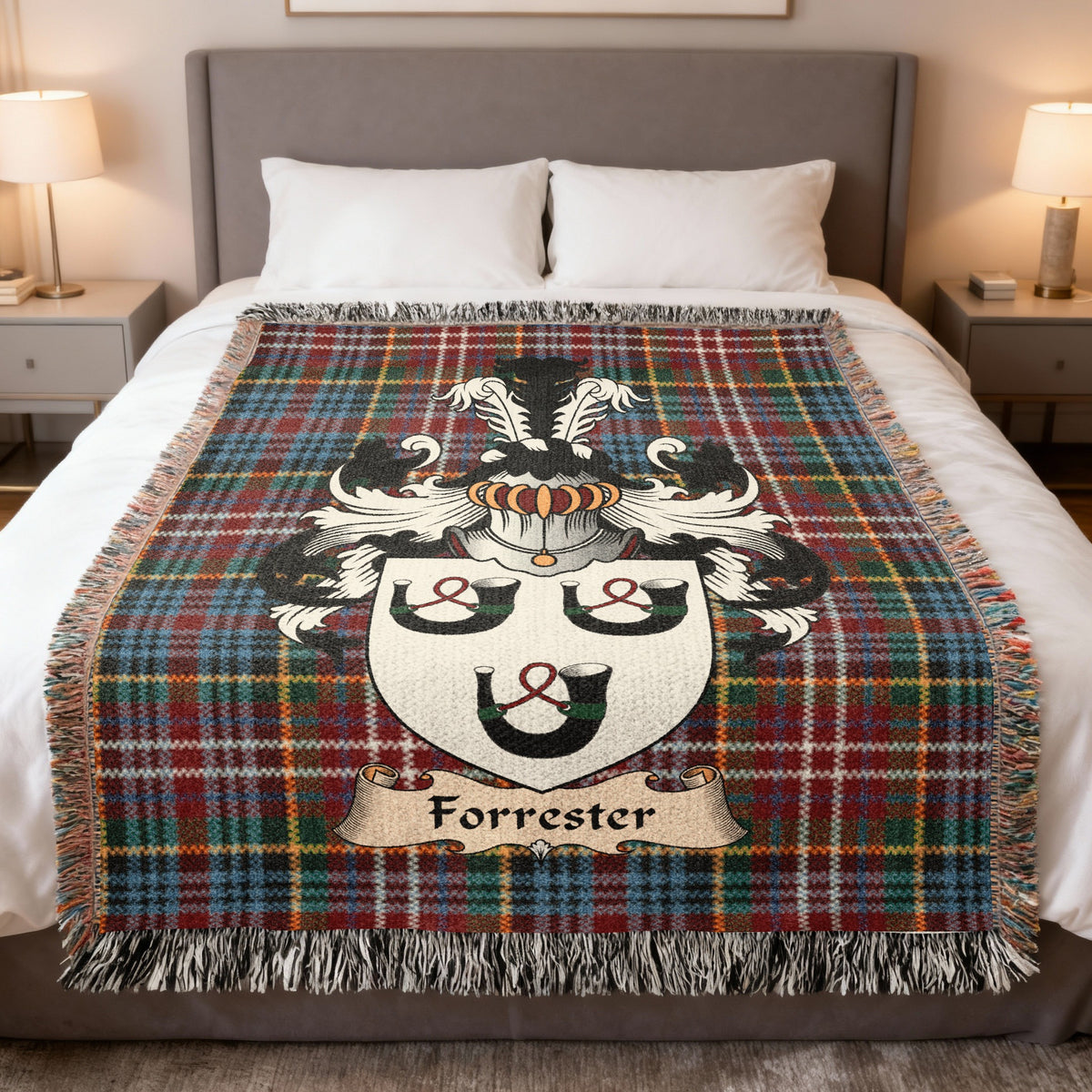 Forrester Caledonia tartan heritage woven throw blanket with family shield