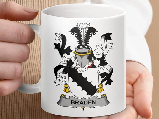Braden Surname Irish Family Crest Heraldry Gift Mug - Celtic Ancestry Gifts