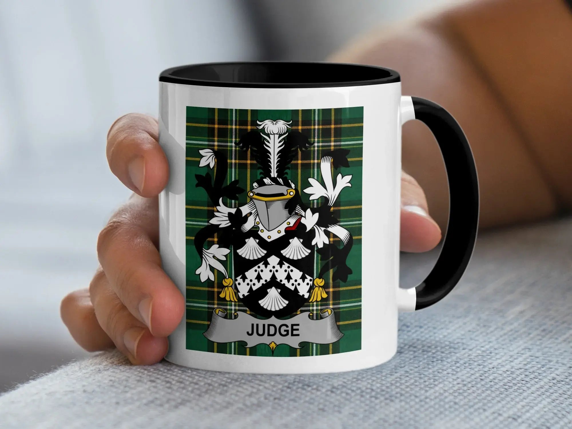 Judge Irish family crest black accent mug