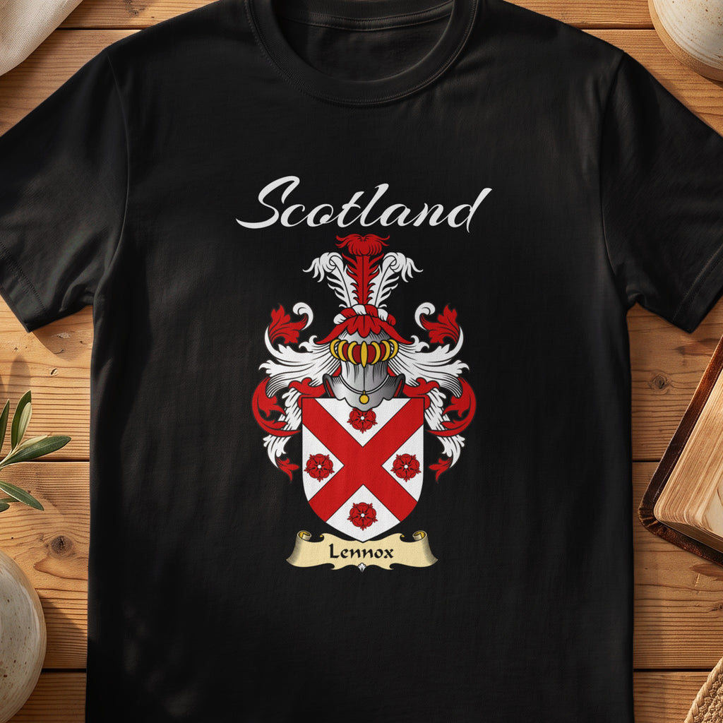 Black Lennox Scottish T-shirt featuring a red diagonal cross surrounded by red flowers