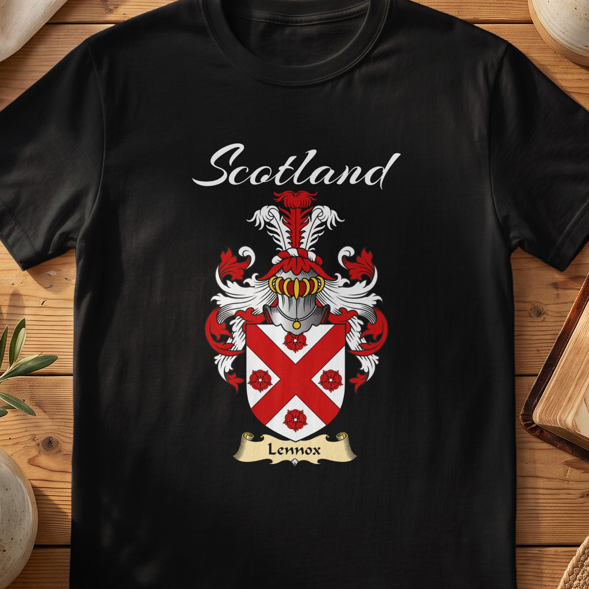 Black Lennox Scottish T-shirt featuring a red diagonal cross surrounded by red flowers