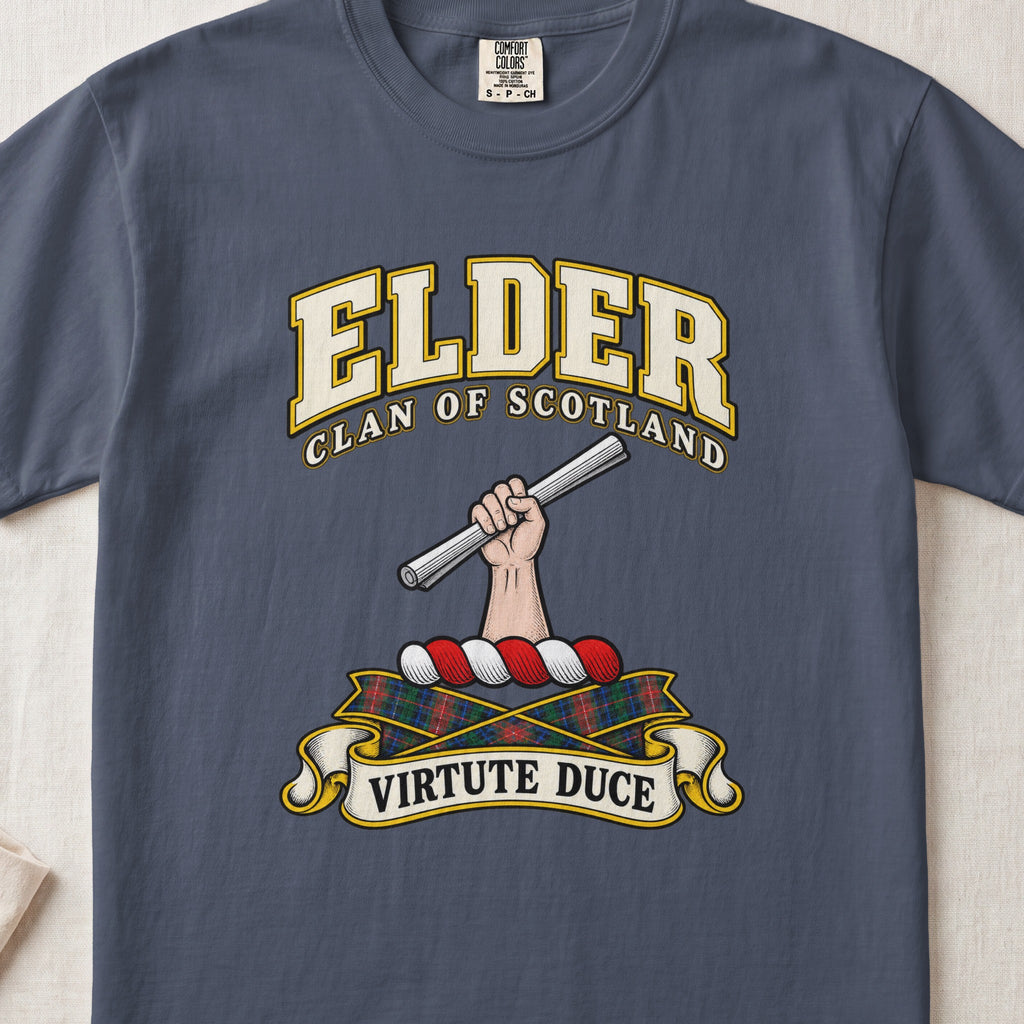 Elder Scottish clan T-shirt in Midnight, front view with a hand holding a silver rod and motto banner.