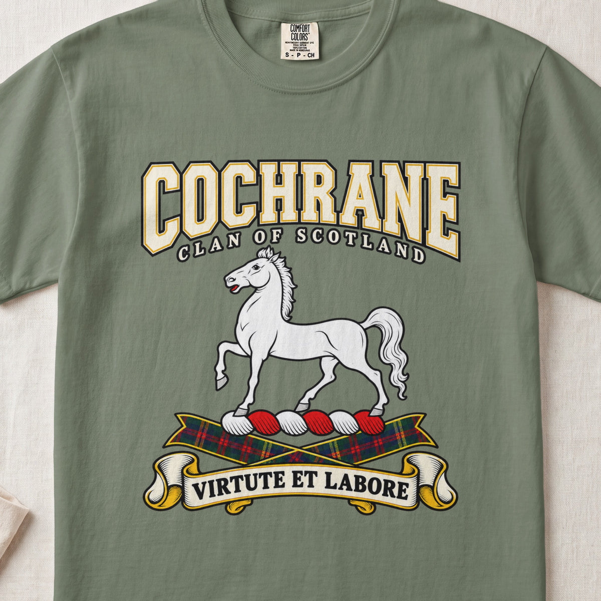 Cochrane Scottish clan graphic T-shirt in Moss, front view