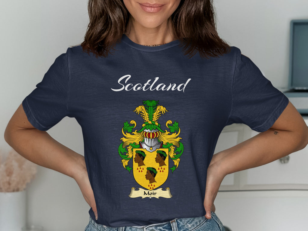 Moir Scottish family shield design on Navy T-shirt