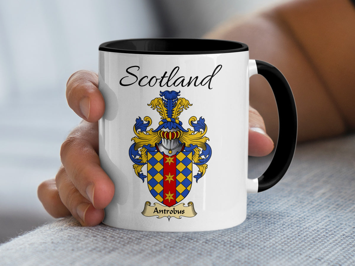 Antrobus Scottish family crest accent mug with Scotland above the coat of arms design