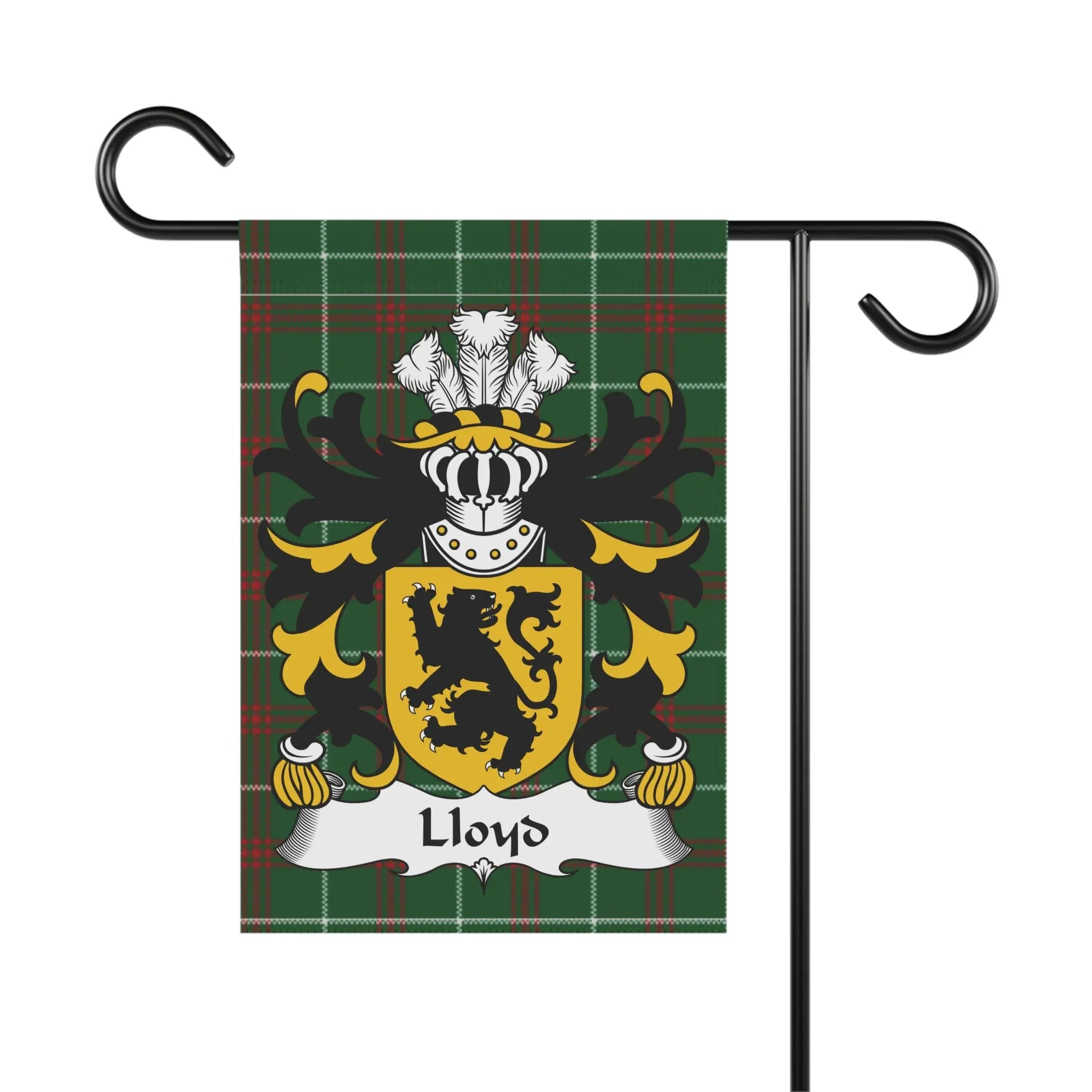Green tartan garden flag with a black and gold lion crest and "Lloyd" text.