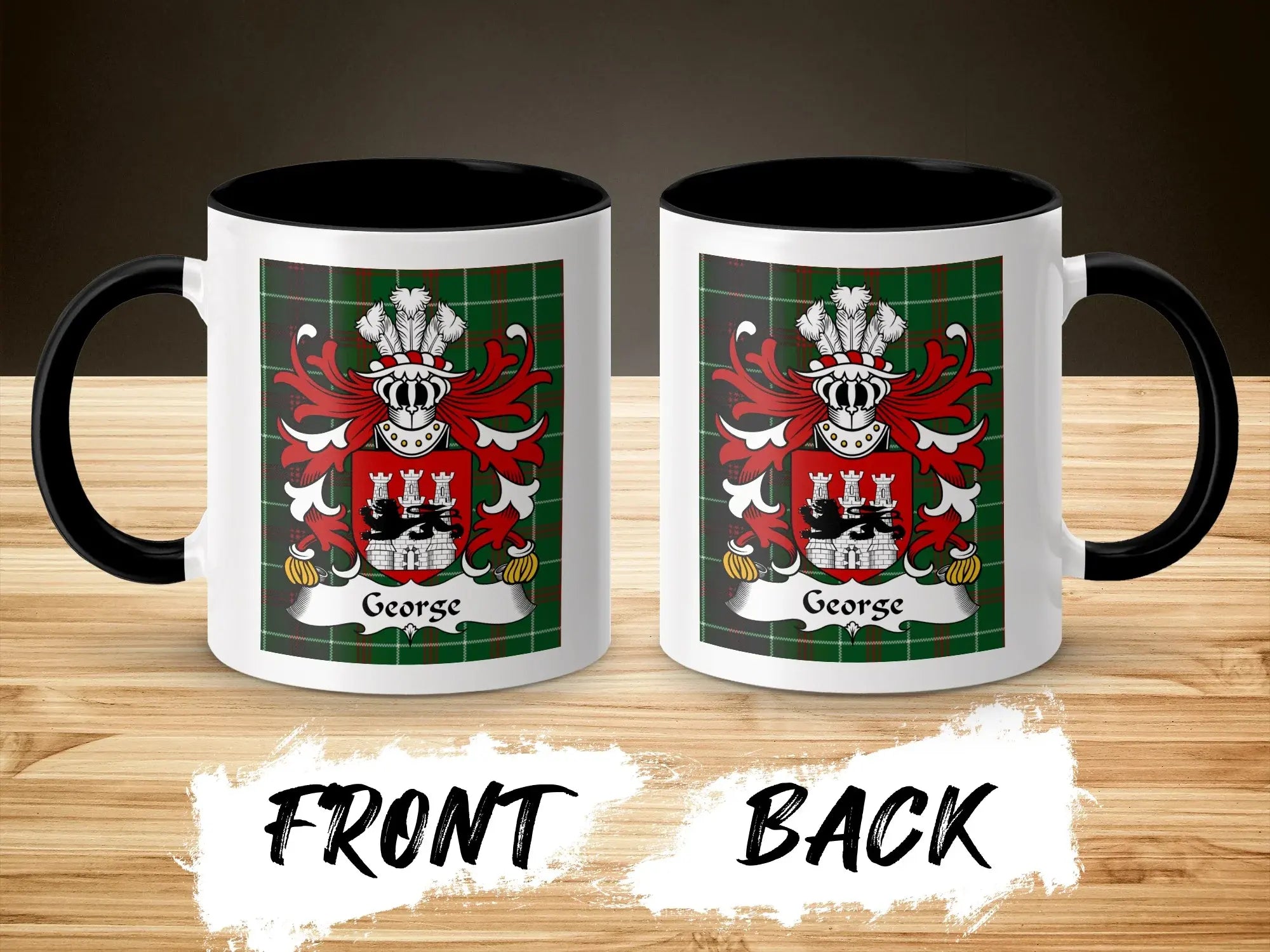 George Welsh surname coffee mug front and back showing family crest with black handle