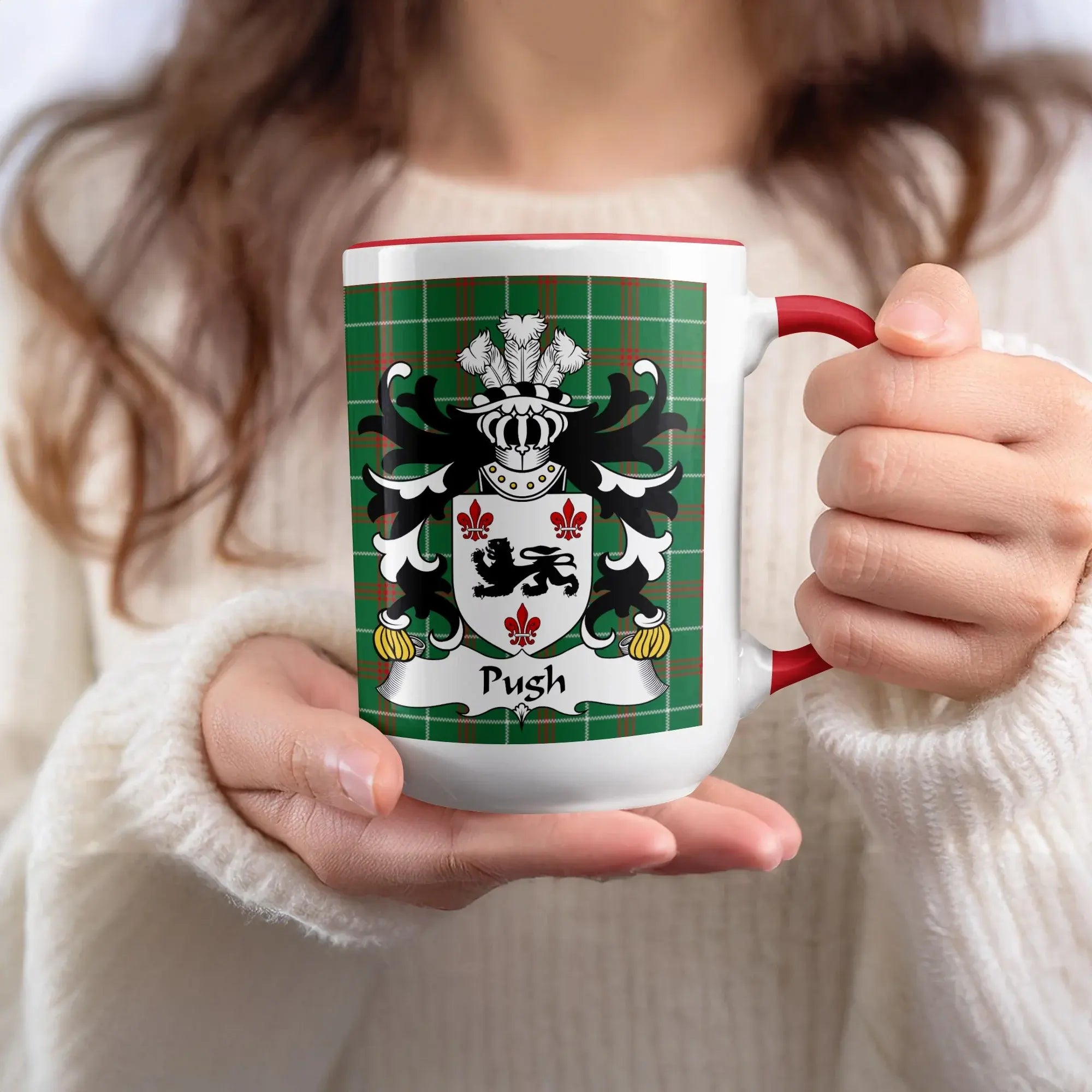 Pugh Welsh family name mug with red accent and heraldic coat of arms on green plaid