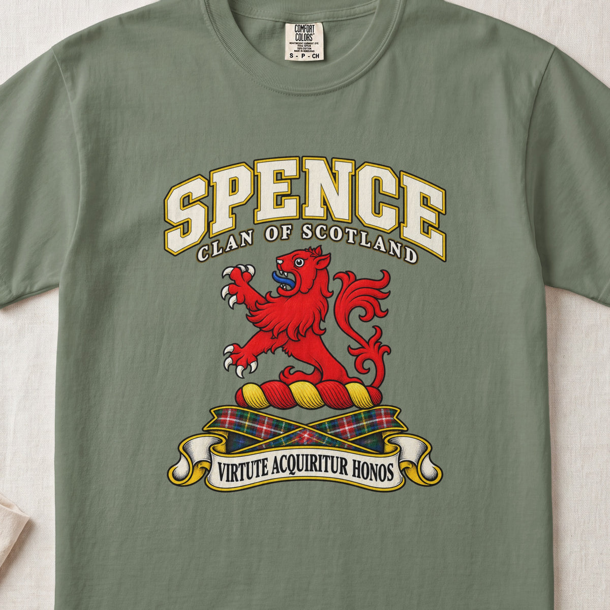 Spence Scottish clan T-shirt in Moss, front view with a red lion with raised forelegs and motto banner.