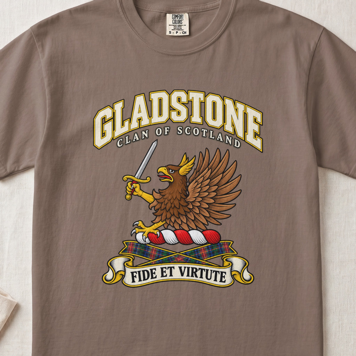 Gladstone Scottish clan T-shirt in Espresso, front view with a brown eagle holding a sword and motto design.