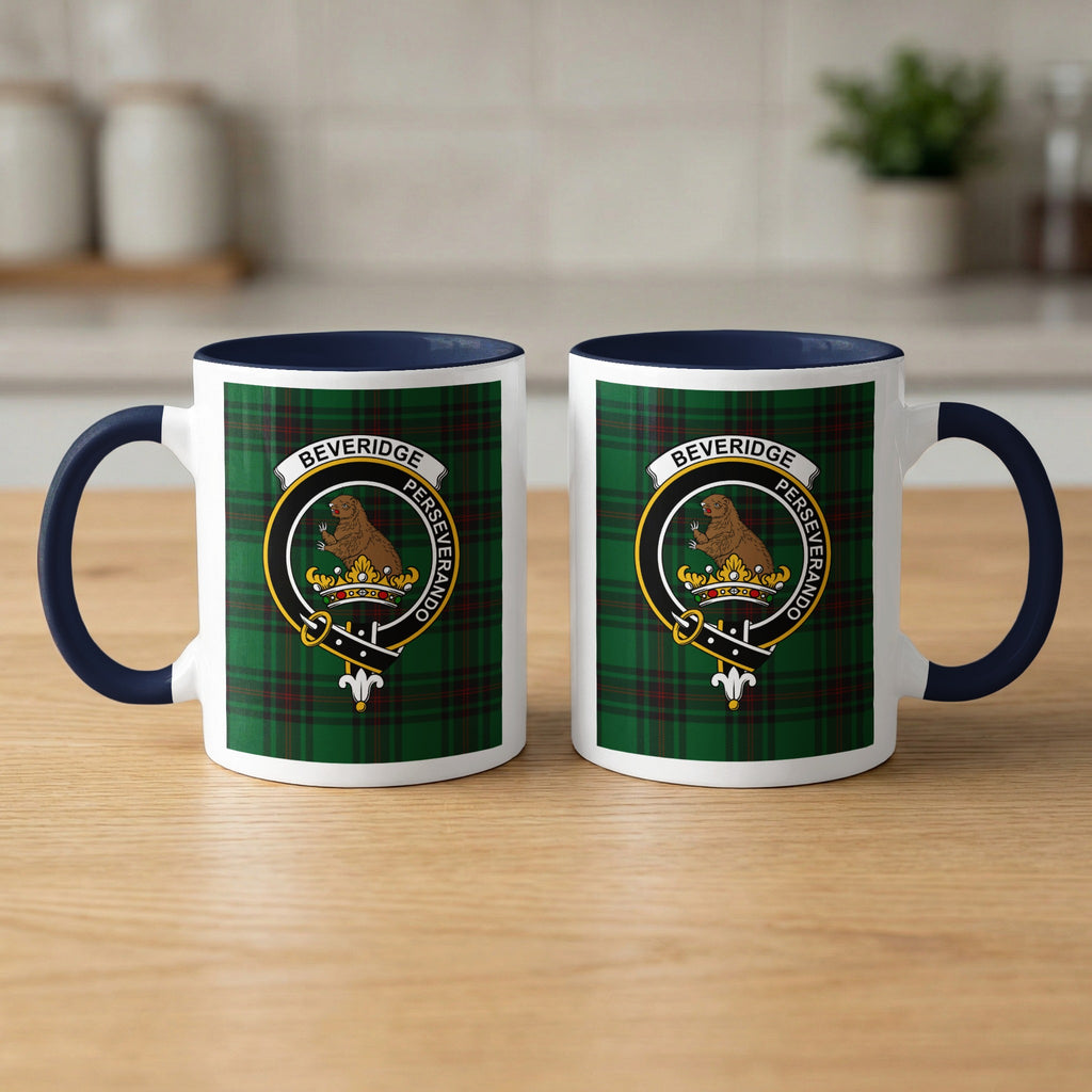 Pair of Beveridge Scottish family crest 11 oz mugs with navy accents and a tartan background